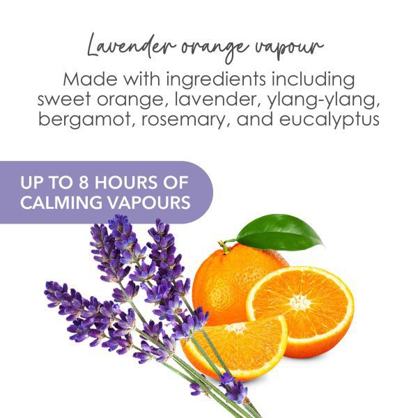 Lavender orange vapour, made with ingredients including sweet orange, lavender, ylang-ylang, bergamot, rosemary, and eucalyptus. With up to 8 hours of calming vapours.