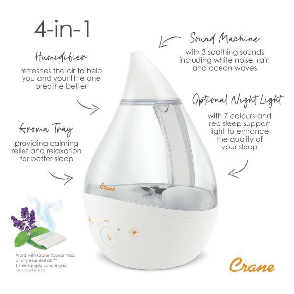 Exploded text image showing the 4-in-1 features of the Crane Humidifier. Including a humidifier that refreshes the air to help you and your little one to breathe better, sound machine with 3 soothing sounds including white noise, rain and ocean waves, optional night light with 7 colours and red sleep support light to enhance the quality of sleep, and the aroma tray providing calming relief and relaxation for better sleep.