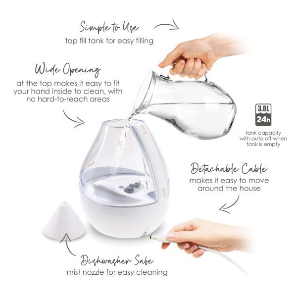Exploded text image showing features of the Crane Humidifiers, including simple to use top tank for easy filling, wide opening at the top makes it easy to fit your hand inside to clean, detachable cable makes it easy to move around the house, 3.8 litre tank capacity with auto off when tank is empty, and the mist nozzle is dishwasher safe for easy cleaning.